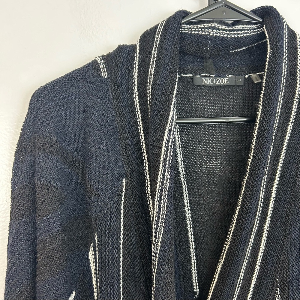 NWT Nic + Zoe Black/Blue/White Striped Open Front Drapey Long Cardigan Large - Picture 4 of 12